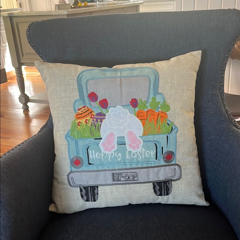 Blue and Orange Easter Holiday Pillow with Bunny and Carrots